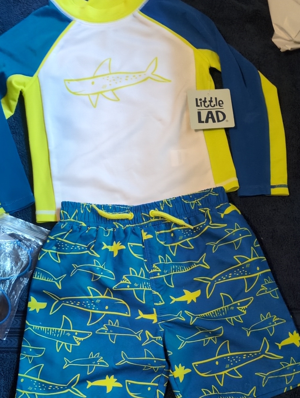 Little Lad Blue & Lime Shark Swim Rashguard/Sunglasses Set 3T